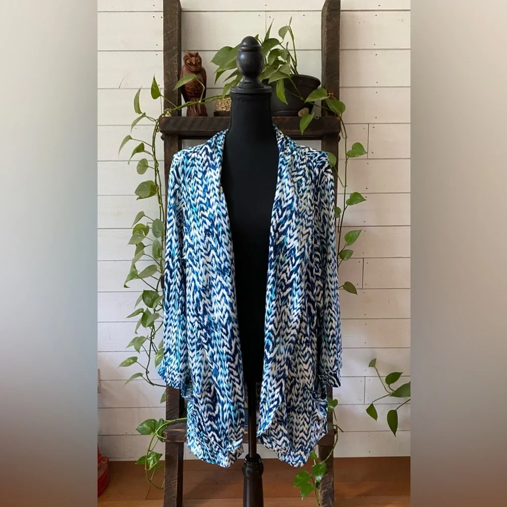 Robert Louis: Blue and White Coastal Grandma Cardigan with Flowing Silhouette